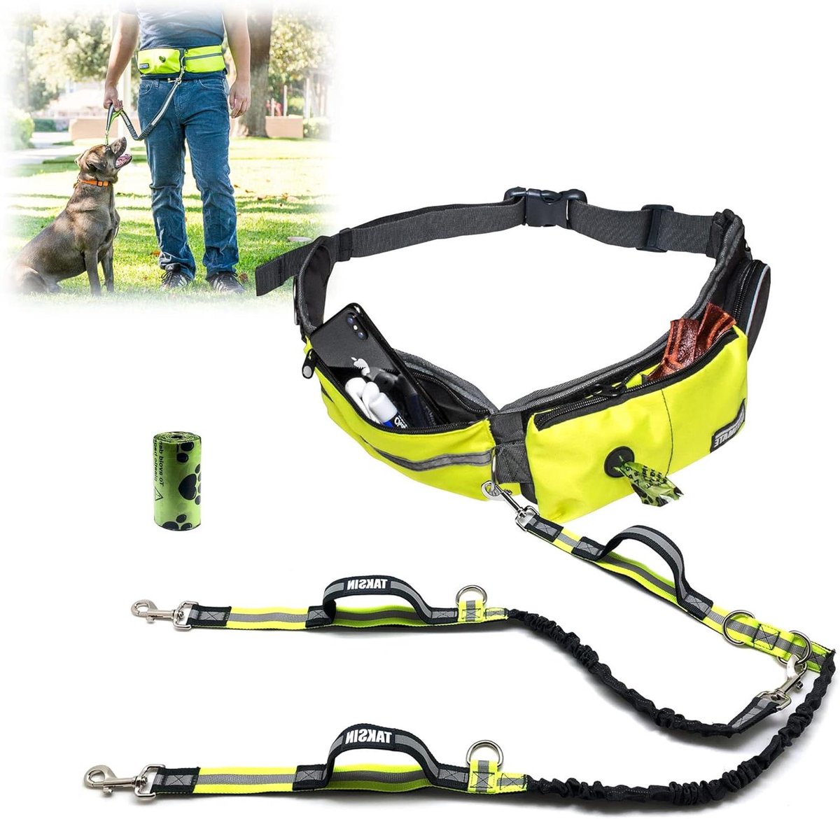 Handsfree Hondenriem - Dubbele Hondenriem - Twee Honden Uitlaten - Reflecterend Bungee Ontwerp - Verstelbare Band - Neon Geel