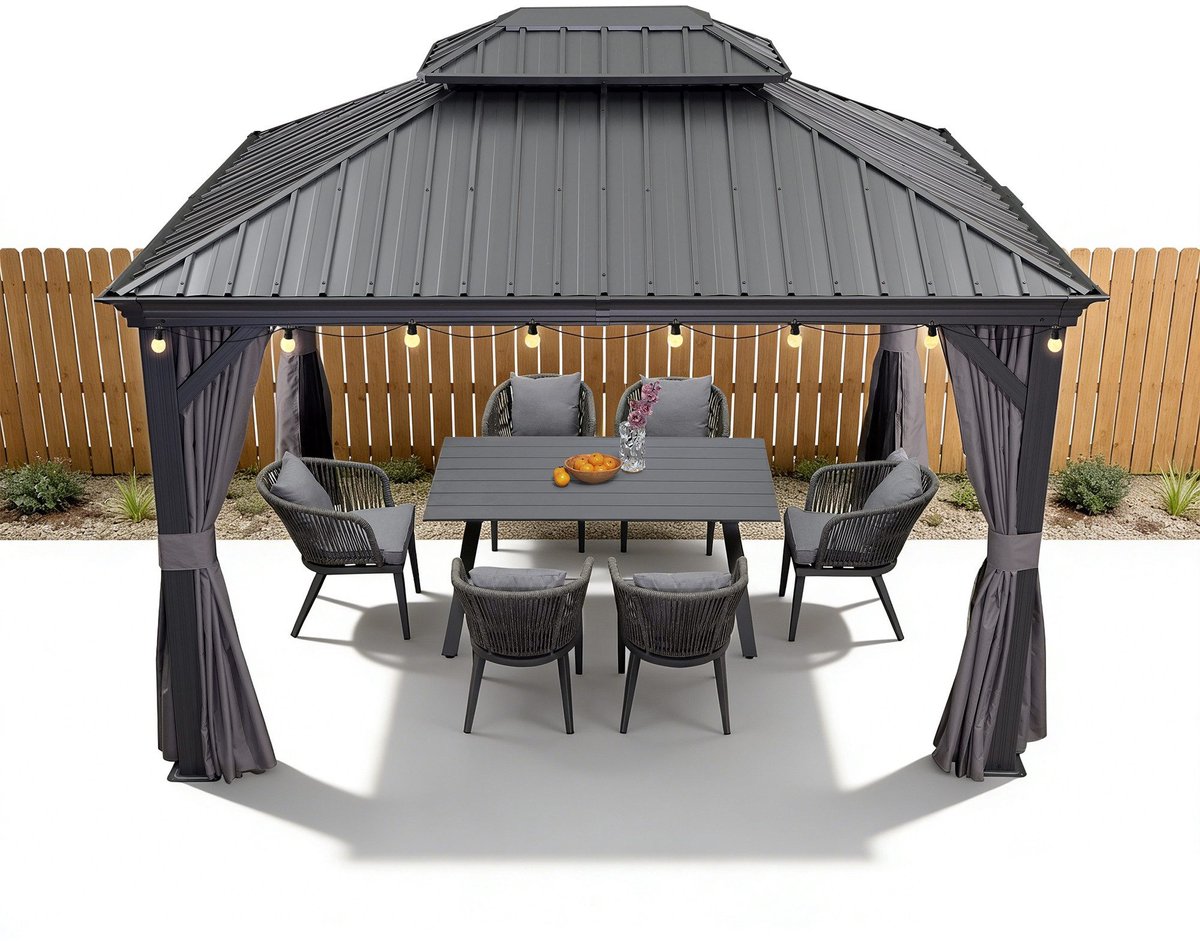 PURPLE LEAF Hardtop Aluminium Tuinpaviljoen – Dubbel dak – Hoogwaardige Gordijnen – Wind- en weerbestendig – Luxueus Grijs – Met Sfeerverlichting