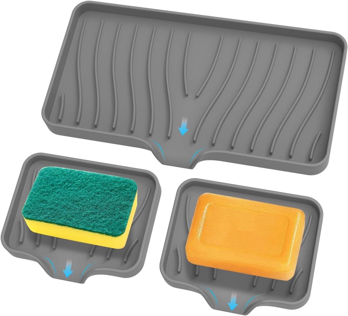 Zeepbakjes Set - Spons Houder - Aanrecht Organiseren - Zelf Draining Ontwerp - 3 Stuks - Grijs