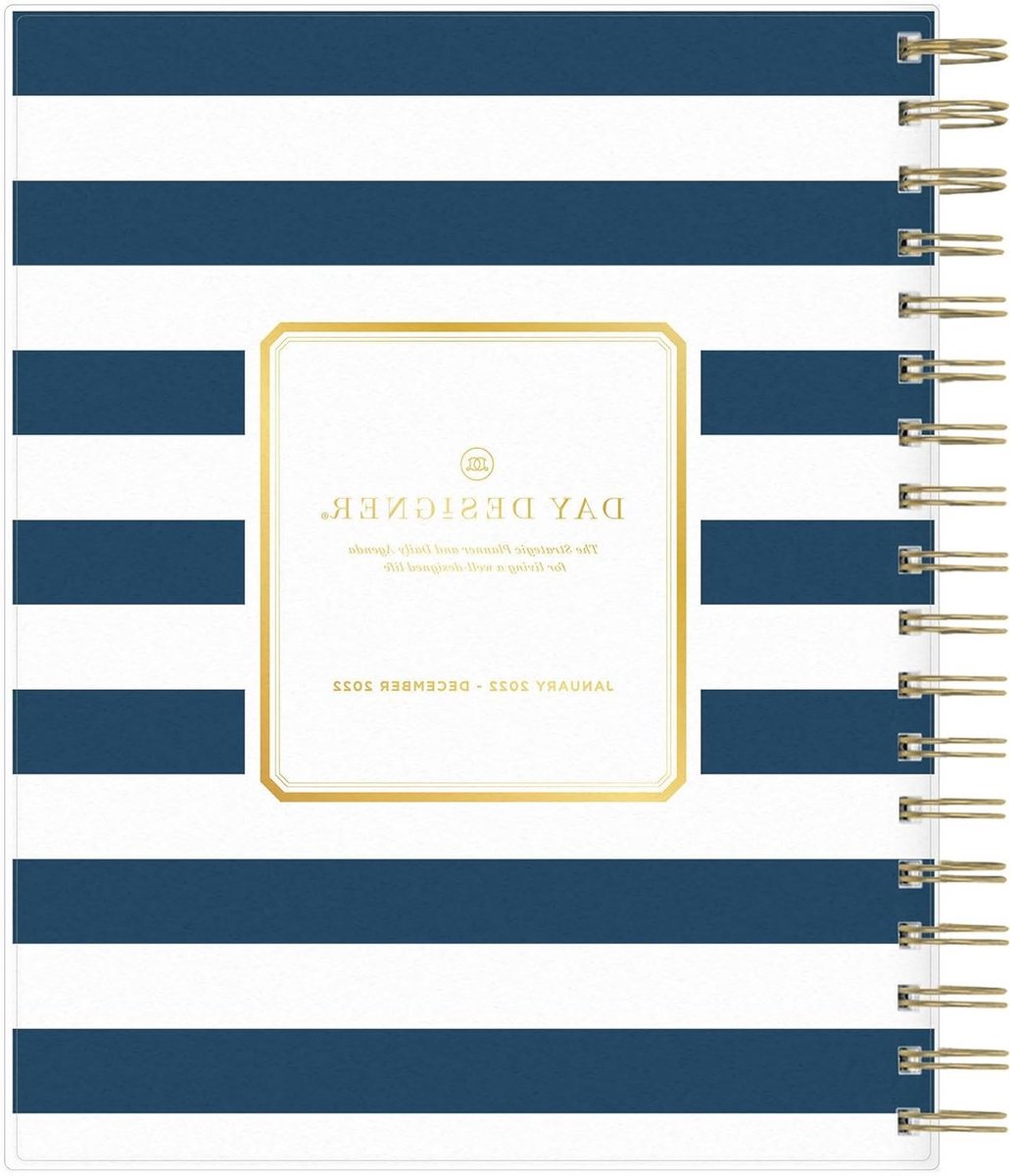 Dagplanner 2022 - Maandelijkse agenda - Opzettelijk plannen - Dagelijkse en maandelijkse pagina's - 8 x 10 inch - Marineblauwe streep