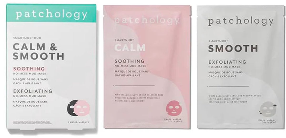 Patchology SmartMud™ Duo Smooth & Calm – No-Mess Mud Sheet Mask Set – Exfoliërend & Kalmerend Gezichtsmasker – Voor Een Gladde, Rustige & Stralende Huid – 2 Maskers
