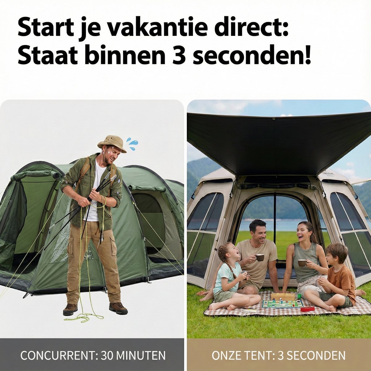 Pop-up Familietent met XXL Zonnescherm - 4-Persoons Koepeltent - Opzetten in 3 Seconden - Inclusief Voorluifel voor Extra Leefruimte - Kampeertent - pop up tent voor Kamperen - festival tent + Draagtas - Kaki – foto 6