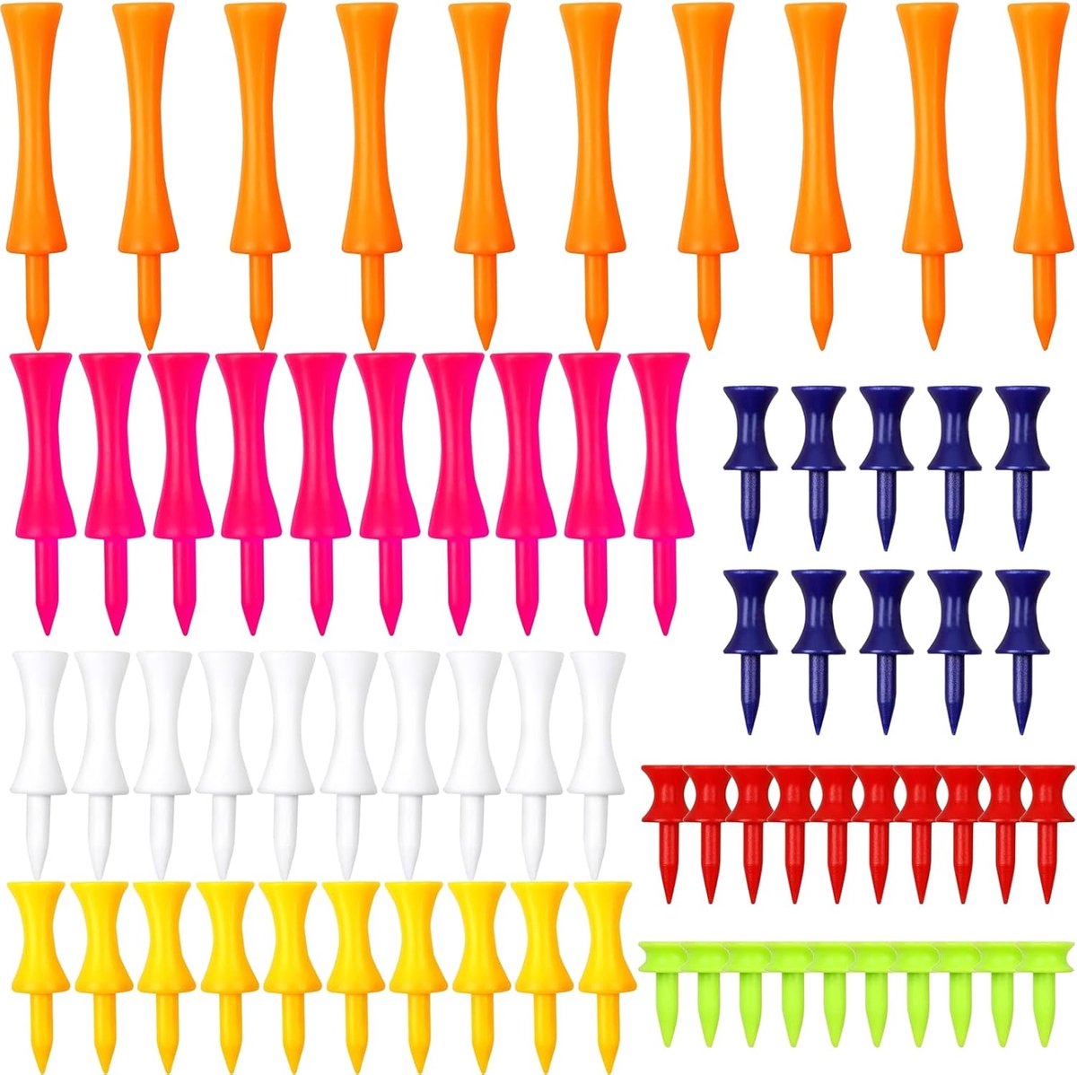 Pack van 70 Duurzame Golf T-Shirts - Plastic - 7 Kleuren - 7 Maten (25mm, 31mm, 37mm, 43mm, 51mm, 57mm, 70mm)