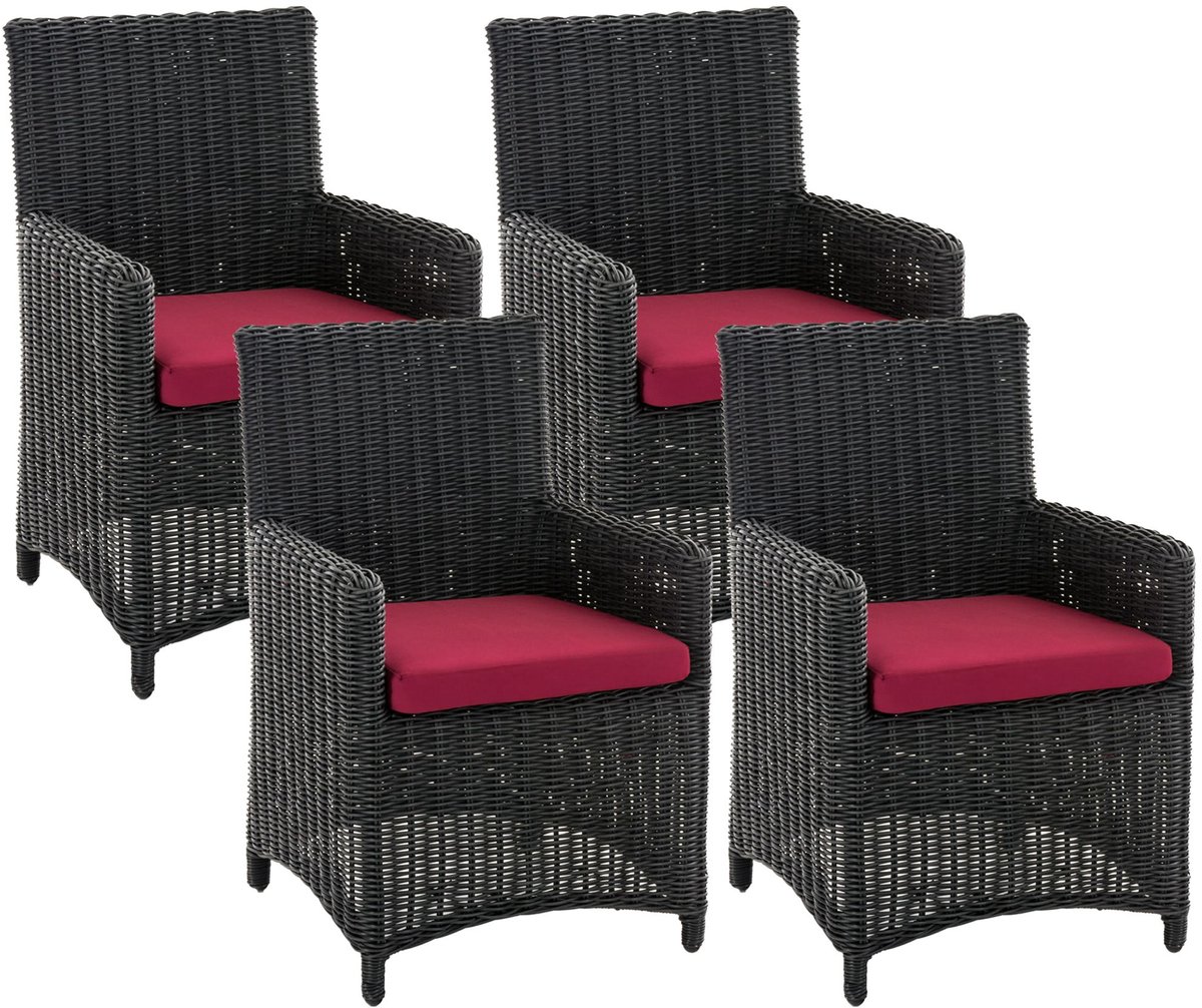 CLP Tuinstoelenset 4-delig Fontana, polyrotan tuinstoelen, hoge rugleuning met zitkussens zwart