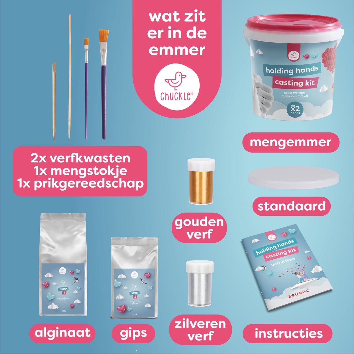 Chuckle – 3D Gipsafdruk Set - Handafdrukset - Handgietset voor Koppels en Familie met Goudverf - Eenvoudig te Gebruiken - Uniek Cadeau en Souvenir voor Jubilea - Verjaardagen en Kerstmis — afbeelding 11