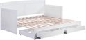 Witte slaapbank met uitschuifbare lade en bedframe, en twee opberglades.