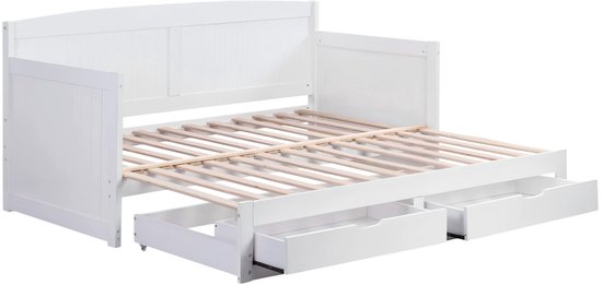 Witte slaapbank met uitschuifbare lade en bedframe, en twee opberglades.