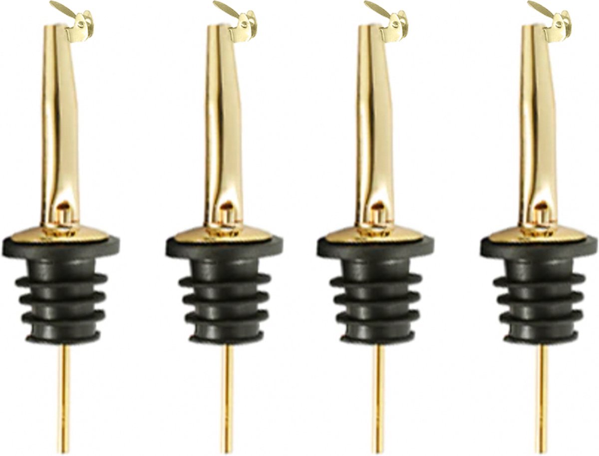 4x Schenktuit - Schenkdop voor op fles - Flesstop met schenker - Wijn / olie schenker - Pour spout - RVS - Druppelvrij doseren - Met dopjes - Keuken / bar accessoires - Goudkleurig - Jonyx
