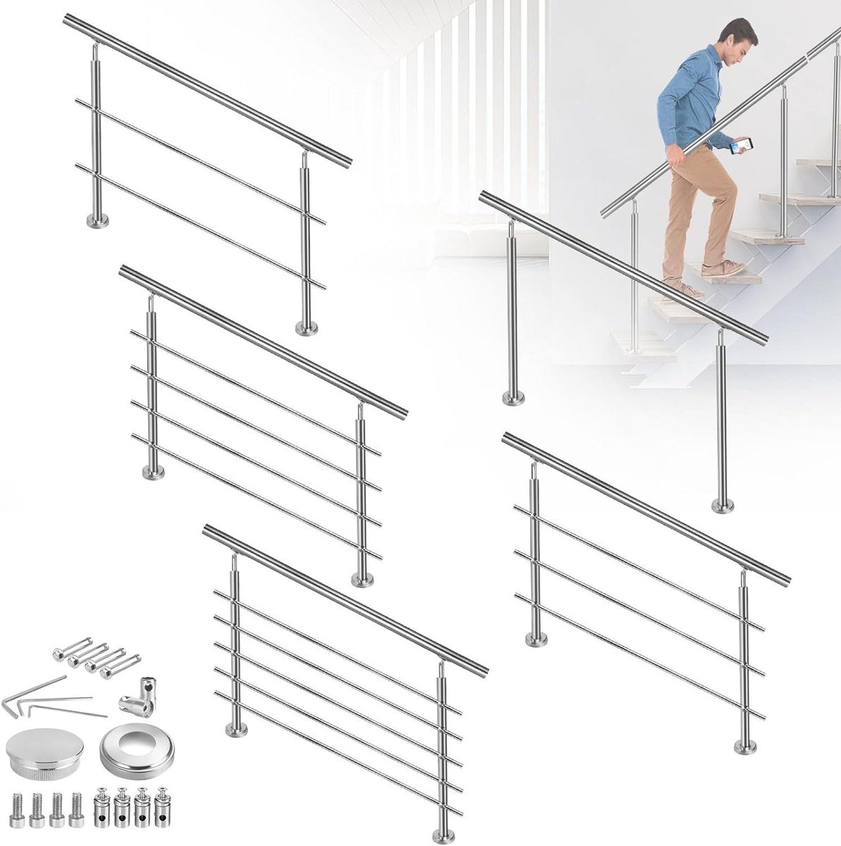 Trapleuning RVS - Balustrade Kit - Extra Grip Veiligheid - 3 Kruisbars - 80 cm - Zilver