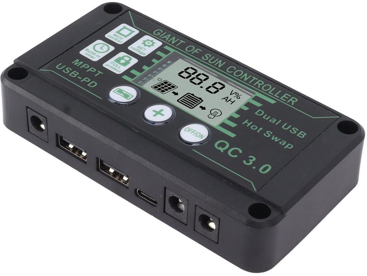 aladdien - Solar Charge Controller - Zonnecontroller - Intelligente Bescherming - 20A - Real Time Display - Geschikt voor Camping - ABS