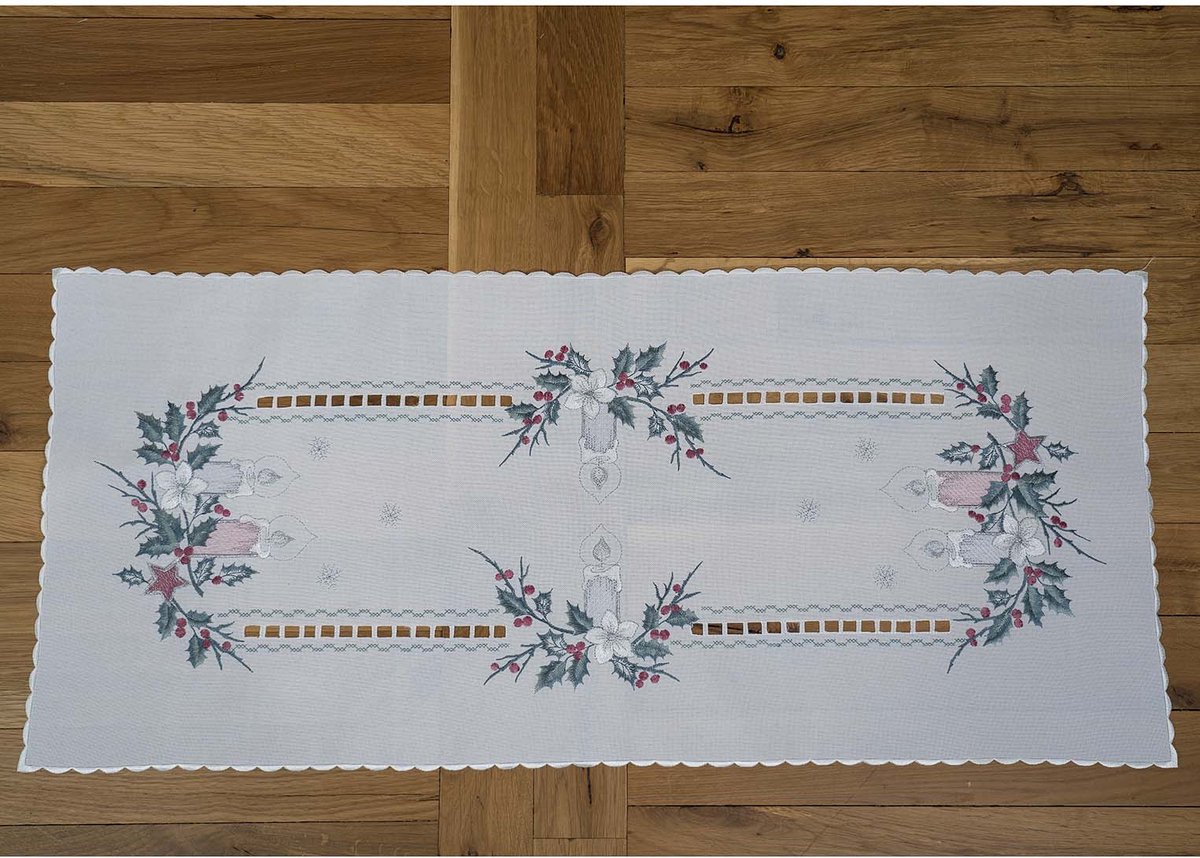 Tafelloper - Kerst - Geborduurd - offwhite met pastelkleur kaarsen - Hulst - 90 x 40 cm