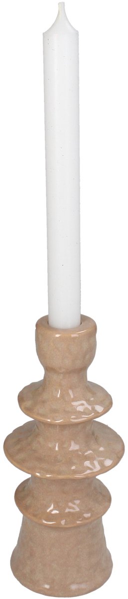 Kandelaar Inya - Keramiek - Beige - 8x19x8 cm (BxHxD) - Voor dinerkaars - Sfeervol Interieur