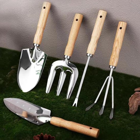 5-delige tuinset in roestvrij staal - Kleine schep plantschep handvork cultivator en onkruidverwijderaar - Antislip houten handvatten - Lichtgewicht en gemakkelijk te dragen - Ideaal voor kleinere tuinen en potten — afbeelding 4