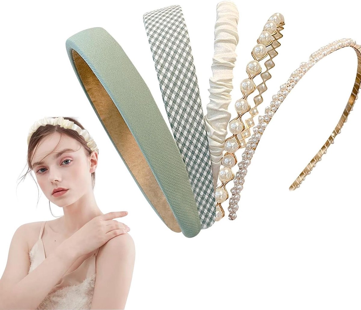 Stijlvolle Haarbanden met Parels en Bloemen - Brede Retro Haaraccessoires voor Vrouwen in Groene Variatie