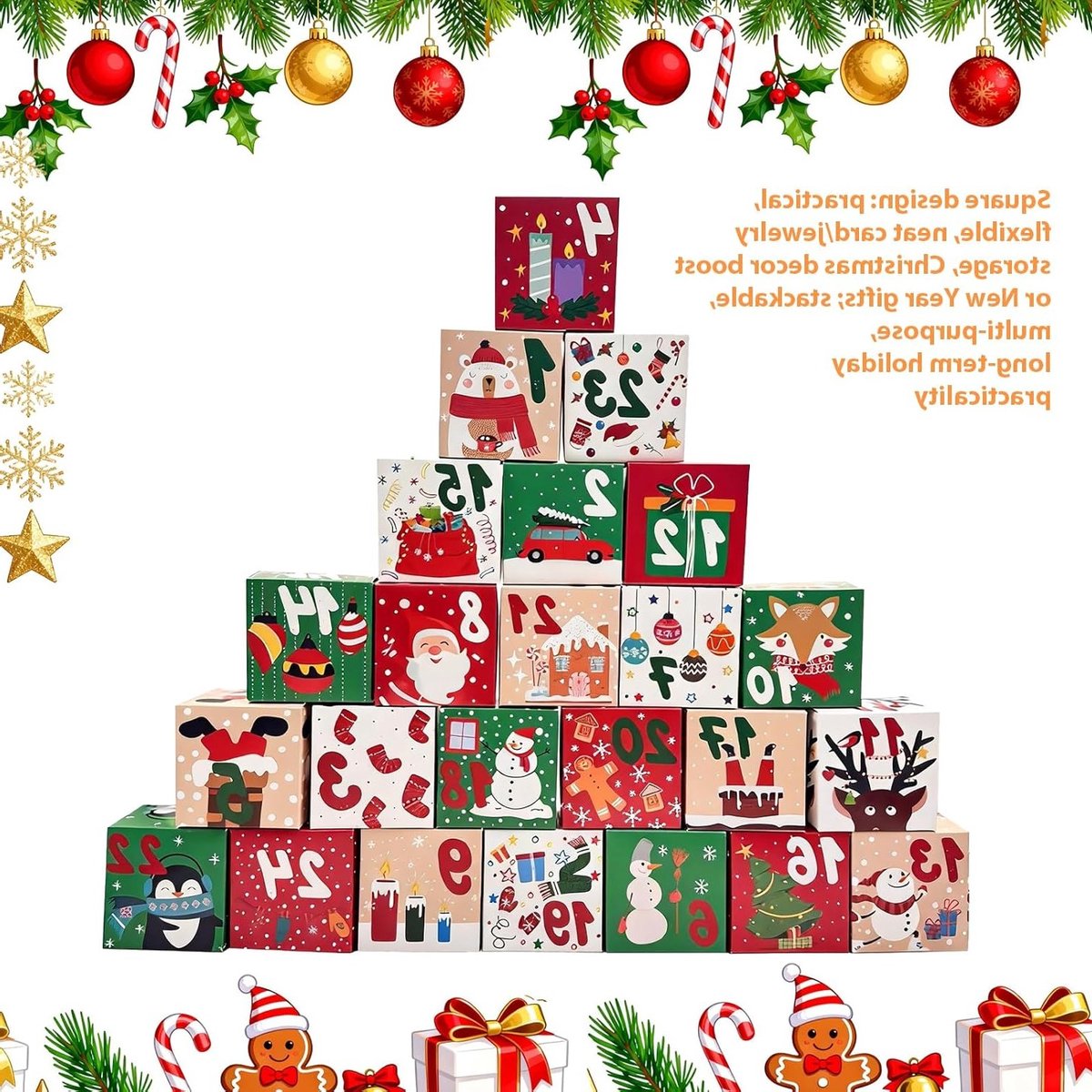 Vulbare Adventskalender met 24 Dozen in Feestelijke Kerstmotieven voor Kleine Cadeaus, Chocolade en Verrassingen – foto 4