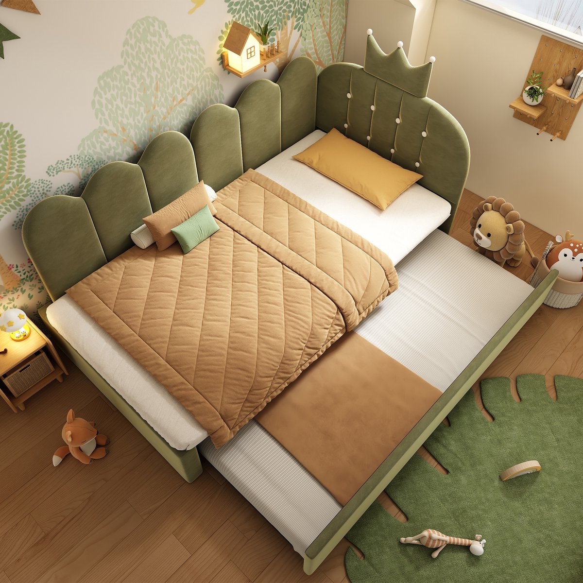 MODFU Bedbank 90x200 cm – Met uitschuifbed (90x190) – Kroon- & spijlenontwerp – Fluweel – Groen Groente