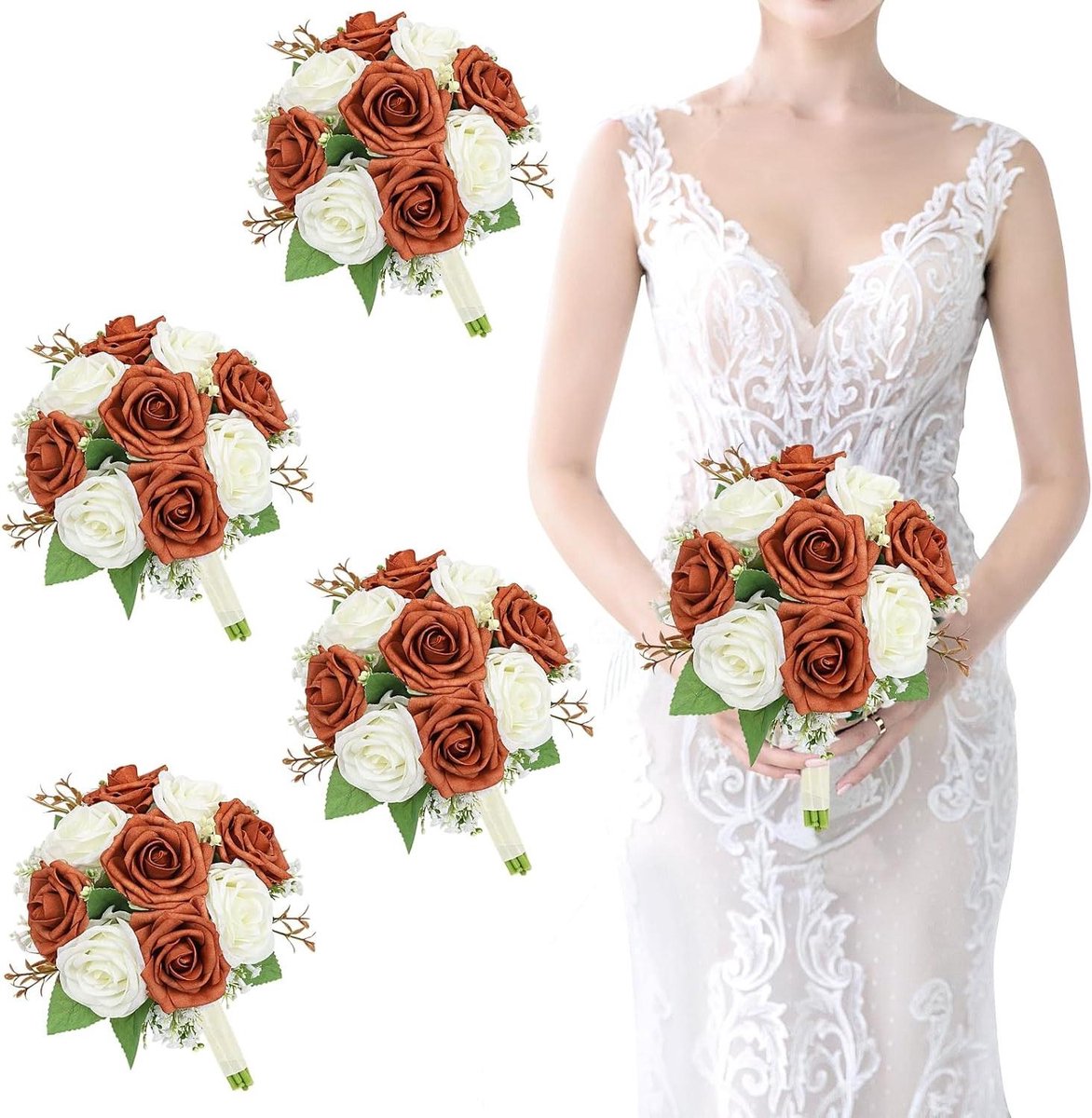 Bruidsmeisjes boeketten - Kunstbloemen set - Bruiloft decoratie - Realistische zijden bloemen - 4 stuks 175 cm - Oranje en wit