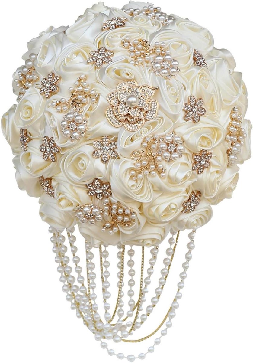 Bruidsboeket - Bruidsbloemen - Bruiloft Versieren - Handgemaakt met Strass - 22cm Diameter - Ivoor