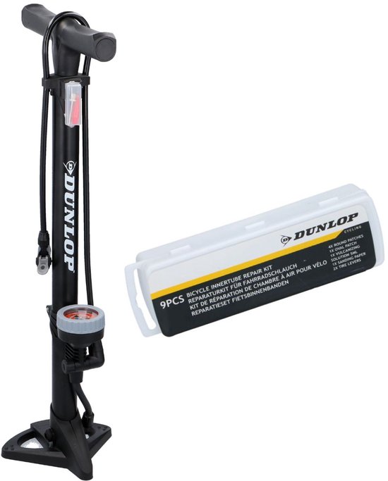 Dunlop Fietspomp met Drukmeter en Fiets Reparatieset 9-delig - Fietsgereedschap met Bandenplakkers en Bandenlichters - Geschikt voor Presta Dunlop Schrader Ventiel - Zwart — afbeelding 2