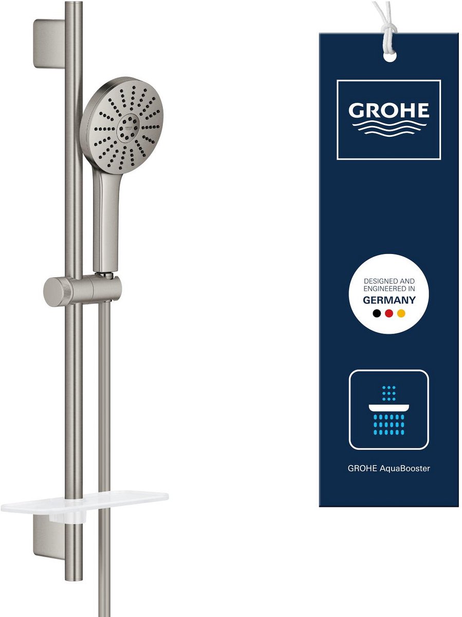 GROHE Vitalio Joy+ 120 Doucheset met Douchestang – Met Douchekop, Doucheslang & Zeepschaal – 3 Straalsoorten – AquaBooster – Waterbesparend (7L/min) – Supersteel