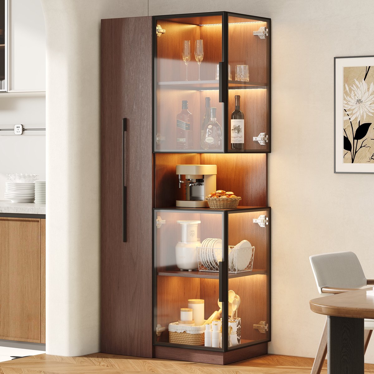 STILVORA Vitrinekast - Met Dubbel Glas En Uittrekbare Planken - Met Led Voor Woonkamer En Eetkamer - MDF Glas - 70x38x160 Cm