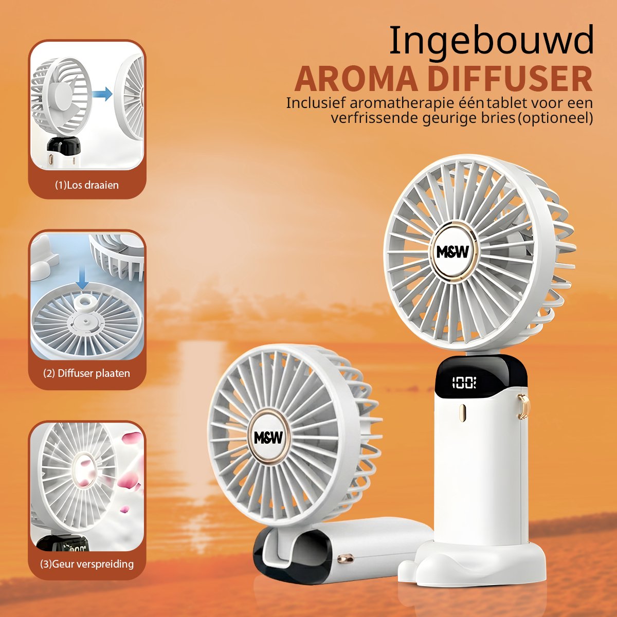 M&W Draagbare Hand Ventilator Hand Fan - Airco Verkoeling USB Ventilatoren - Handventilator Wit — afbeelding 12