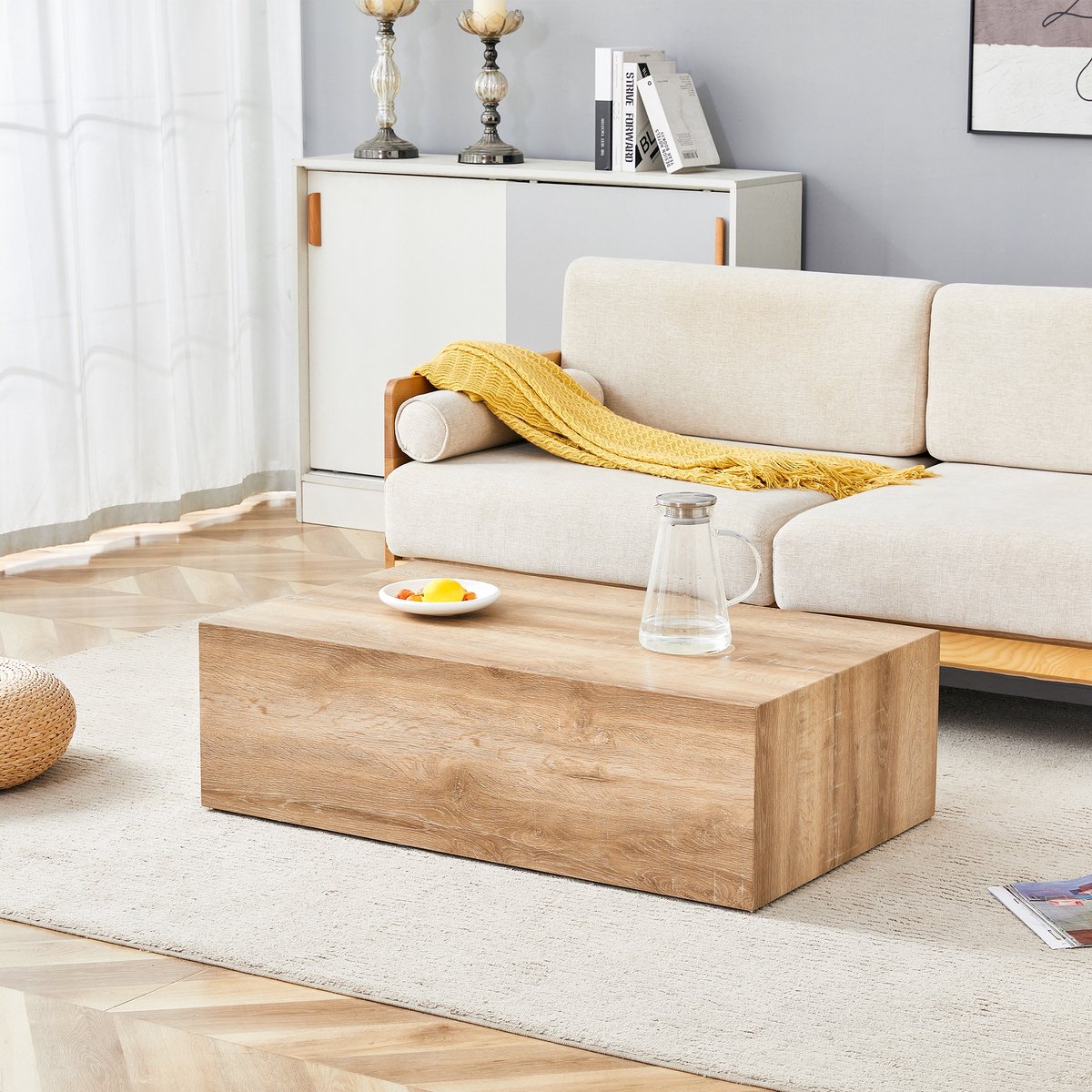 PHOEBE CAT Salontafel - Houtnerf - MDF - Geen montage nodig - Antislipvoetjes - 90 × 50 × 30 cm - Licht eiken