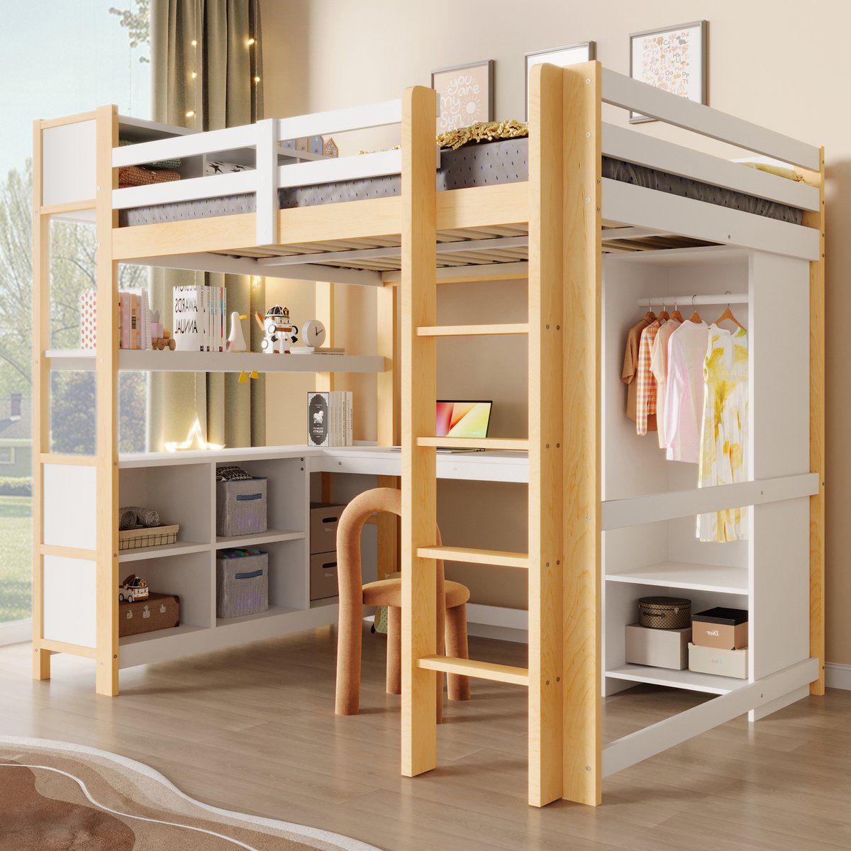 Hoogslaper - 140x200 cm - Met Bureau En Planken En Kledingkast - Hout - Natuur