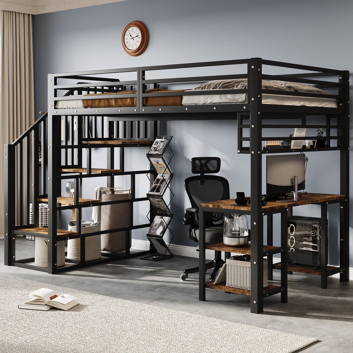 Clruro Hoogslaper - 120x200 cm - Met Bureau En Opbergplank En Trap Met Leuning - Metaal/Spaanplaat - Zwart Black + Dark Walnut