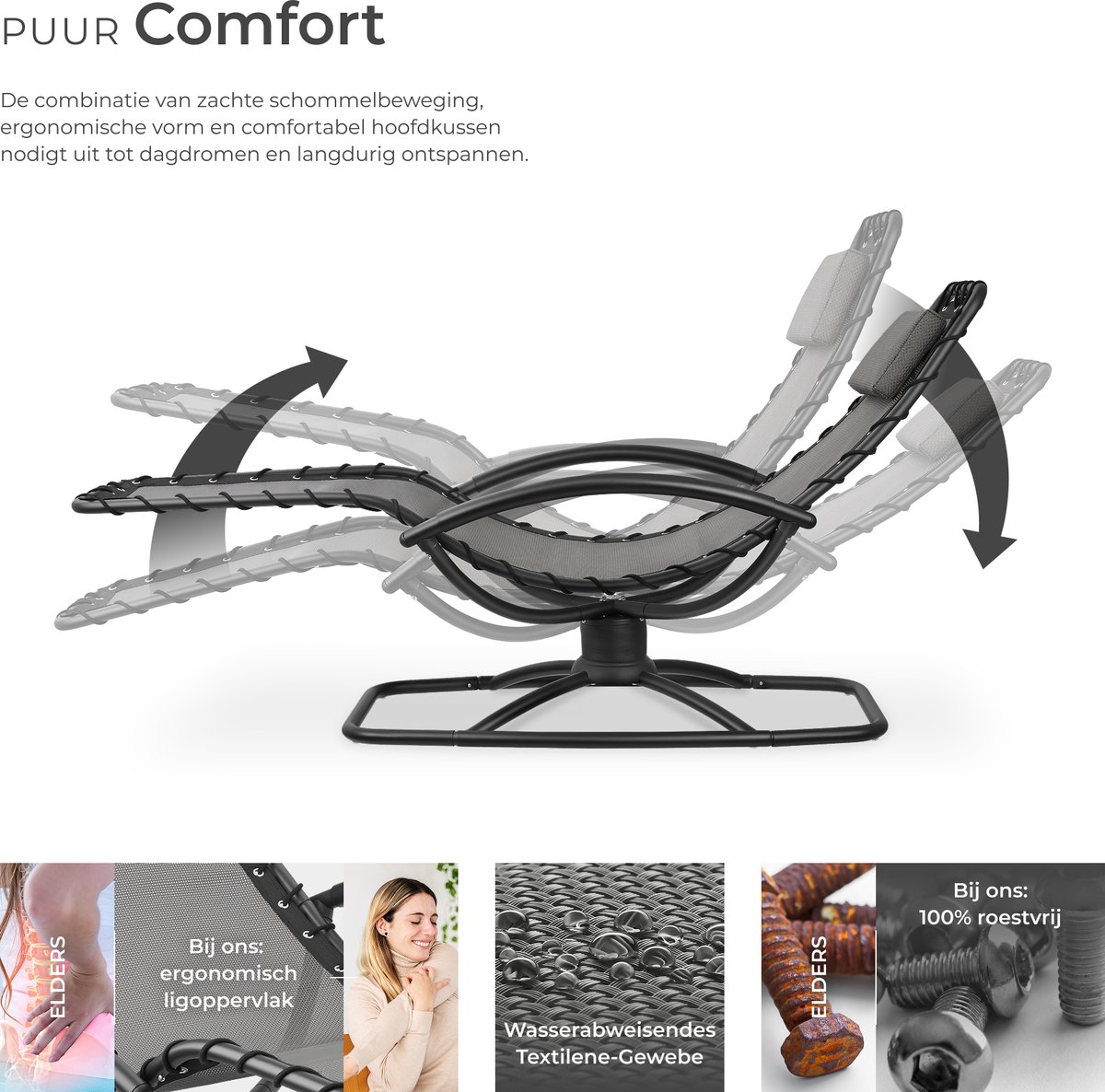 tectake® Ligstoel Toulon - Set van 2 - Ergonomische Tuinstoelen met Schommelfunctie - Zero Gravity Ligbedden voor Tuin, Terras en Balkon - Relaxstoelen met Hoofdkussen en Comfortabele Armleuningen - Ligstoelen - 120kg Draagkracht - Grijs – foto 5