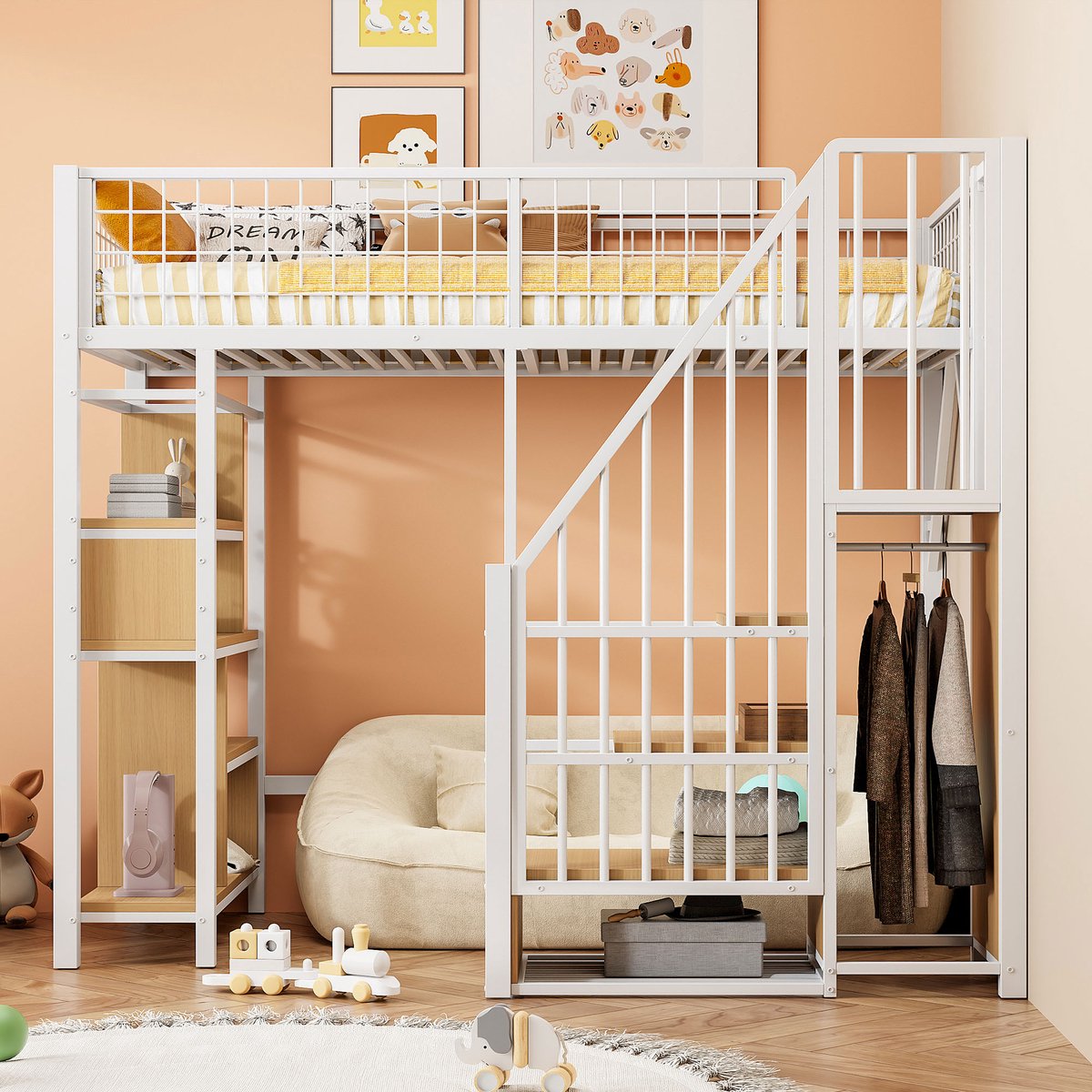 VVBV Hoogslaper 90x200 / Hoogslaper met trap / Kinder hoogslaper – met Opbergruimte – Metaal – Wit – Opbergtrap – Metalen Frame White