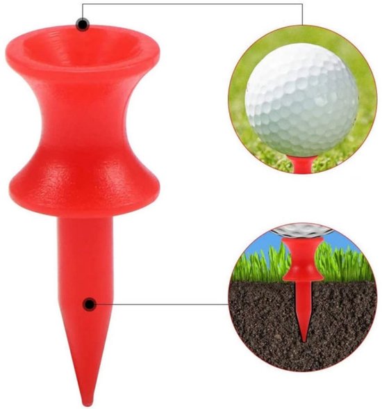 Verpakking van 100 rode plastic golftees - 32 mm - Kleine Kasteel Golf T-stukken-stijl tees - Golfpegs - Plastic tees - Ontwerp met dubbele stop van Merkloos — afbeelding 2