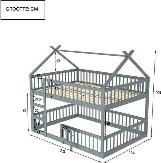Afmetingen van een grijs houten stapelbed met huisvormig dak.