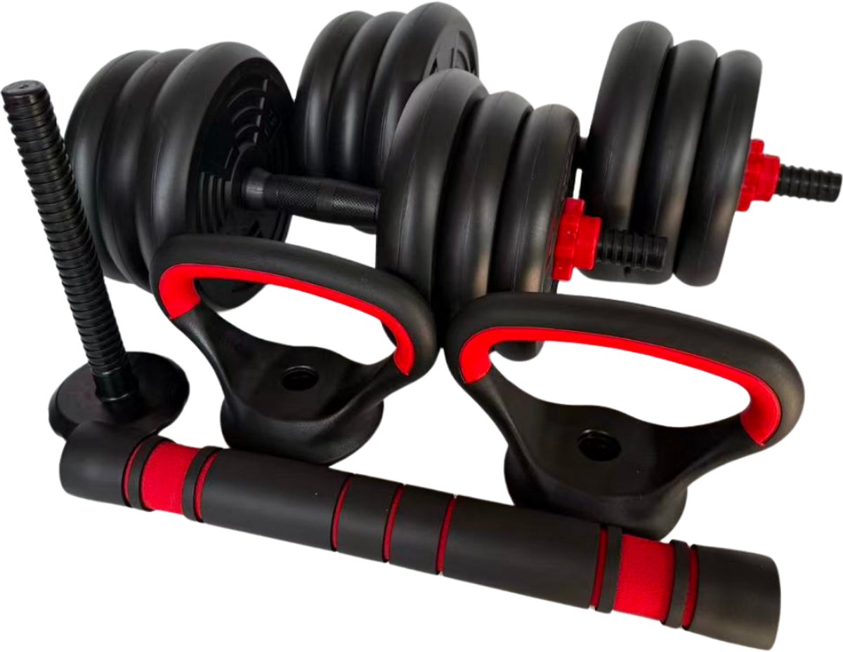Truskore Halterset 20 KG - Dumbbell - Kettlebell - Gewichten Set - Opdruksteunen - Verstelbare Dumbells Set - Dumbbells - Dumbbell Set - Zwart/Rood