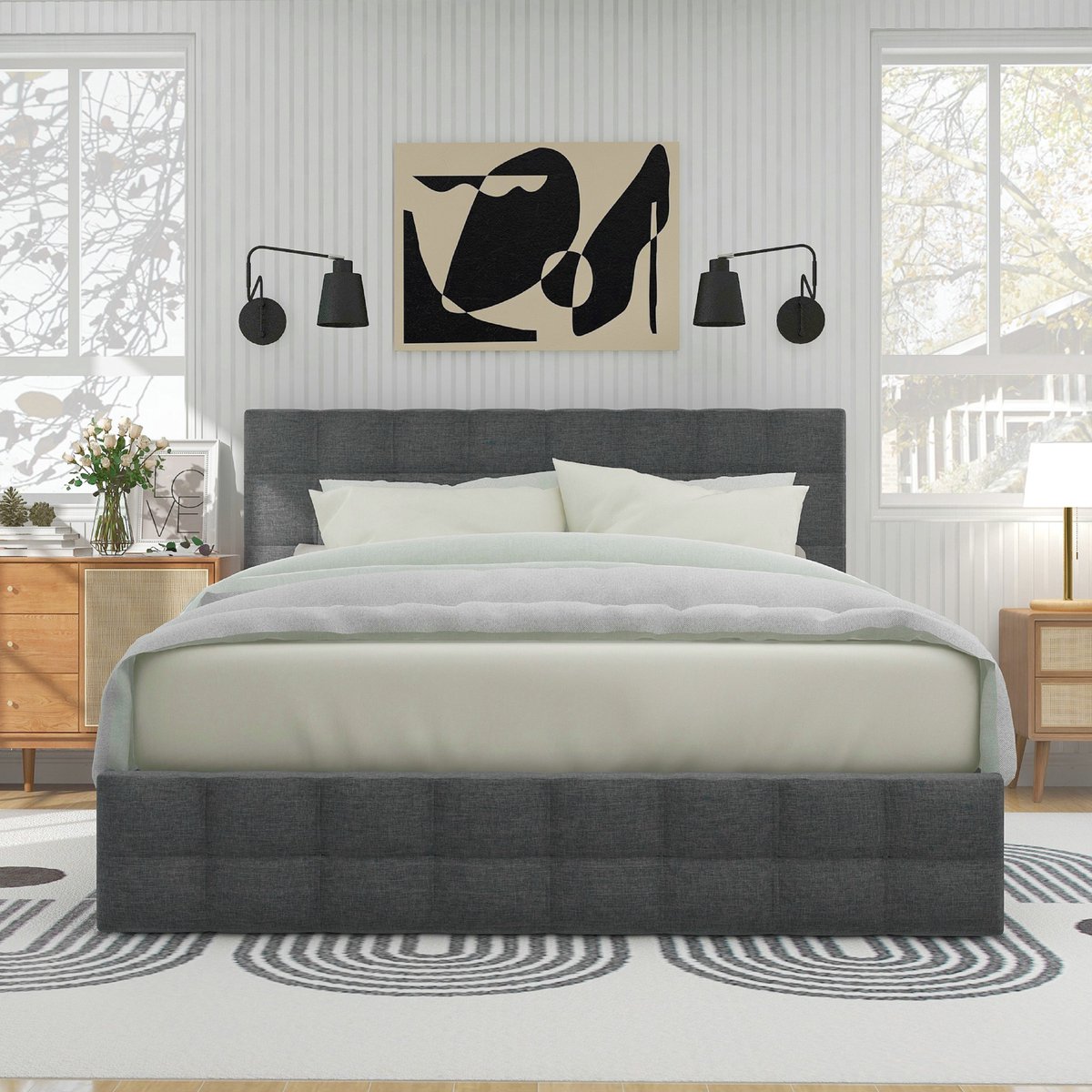 VVBV Bed met opbergruimte 140x200 / Gestoffeerd bed 140x200 / Tweepersoonsbed 140x200 – In Hoogte Verstelbaar Hoofdbord – met Lades, Lattenbodem – 4 Lades Grey