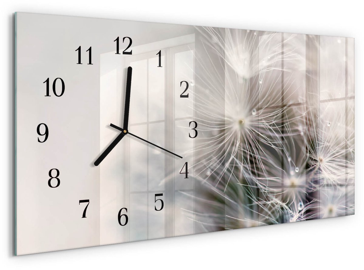 TULUP Wandklok - Paardebloem Klok Glas Met Opdruk - 60x30 cm - Grijs Moderne Wandklok Glas - Zwarte Handen - Rechthoekige Wandklok - Klok Glas Met Opdruk - Moderne Wandklok Glas Grijs - Paardebloem