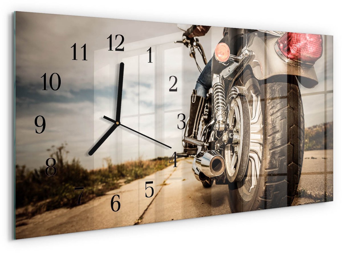 TULUP Wandklok - Motorfiets Klok Glas Met Opdruk - 60x30 cm - Beige Moderne Wandklok Glas - Zwarte Handen - Rechthoekige Wandklok - Glazen Wandklok Design - Klok Glas Met Opdruk Beige - Motorfiets