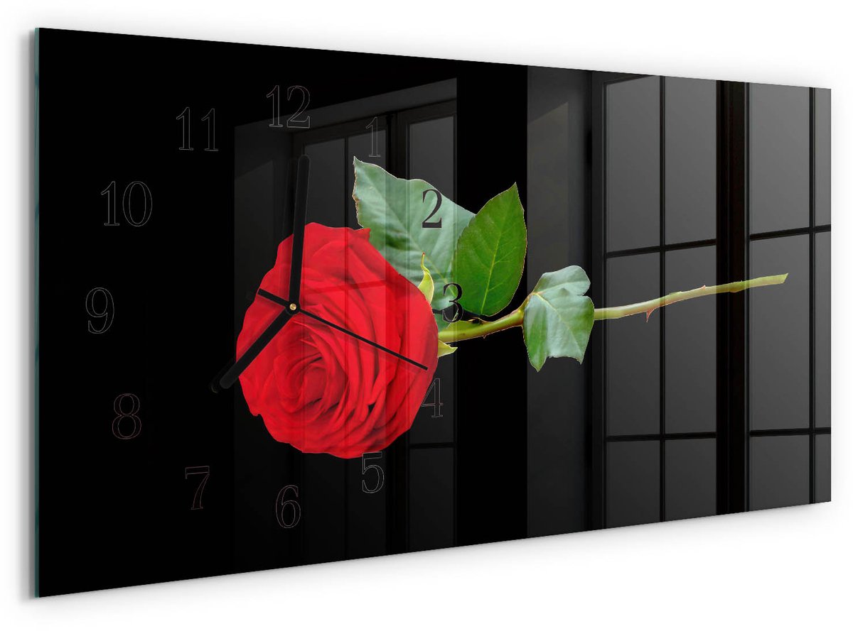 TULUP Wandklok - Roos Wandklok Glas Decoratie - 60x30 cm - Zwart Gekleurde Glazen Klok - Zwarte Handen - Rechthoekige Wandklok - Wandklok Glas Decoratie - Gekleurde Glazen Klok Zwart - Roos