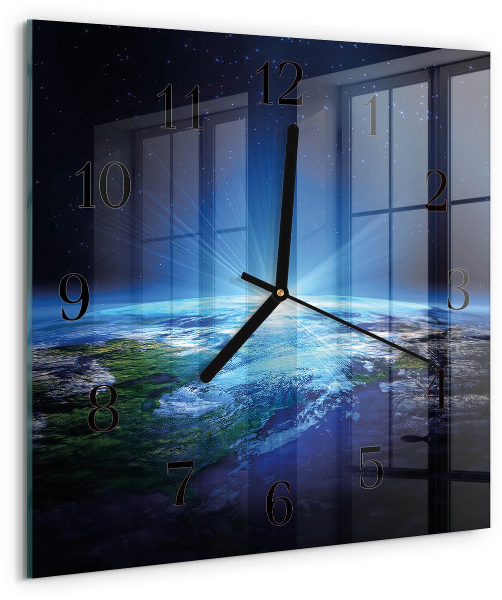 TULUP Wandklok - Het universum van de aarde Moderne Wandklok Glas - 30x30 cm - Blauw Wandklok Glas Decoratie - Zwarte Handen - Vierkante Wandklok - Gekleurde Glazen Klok - Glazen Klok Met Print Blauw - Het universum van de aarde