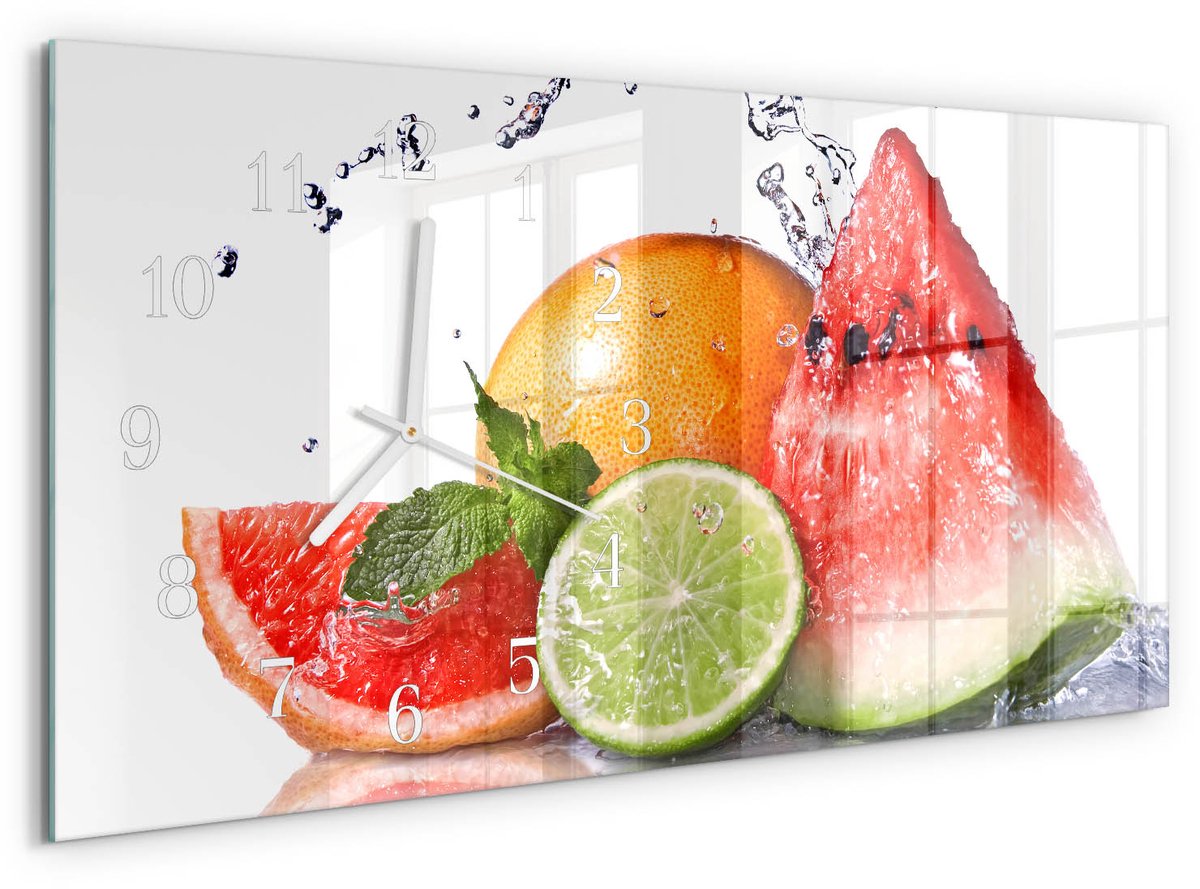 TULUP Wandklok - Sappig fruit Gekleurde Glazen Klok - 60x30 cm - Rood Glazen Klok Met Print - Witte Handen - Rechthoekige Wandklok - Glazen Wandklok Design - Klok Glas Met Opdruk Rood - Sappig fruit