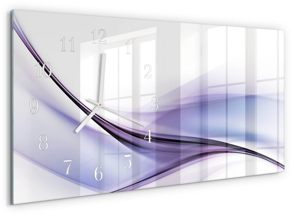 TULUP Wandklok - Golven van kleur Klok Glas Met Opdruk - 60x30 cm - Paars Moderne Wandklok Glas - Witte Handen - Rechthoekige Wandklok - Wandklok Glas Met Motief - Decoratieve Glazen Klok Paars - Golven van kleur