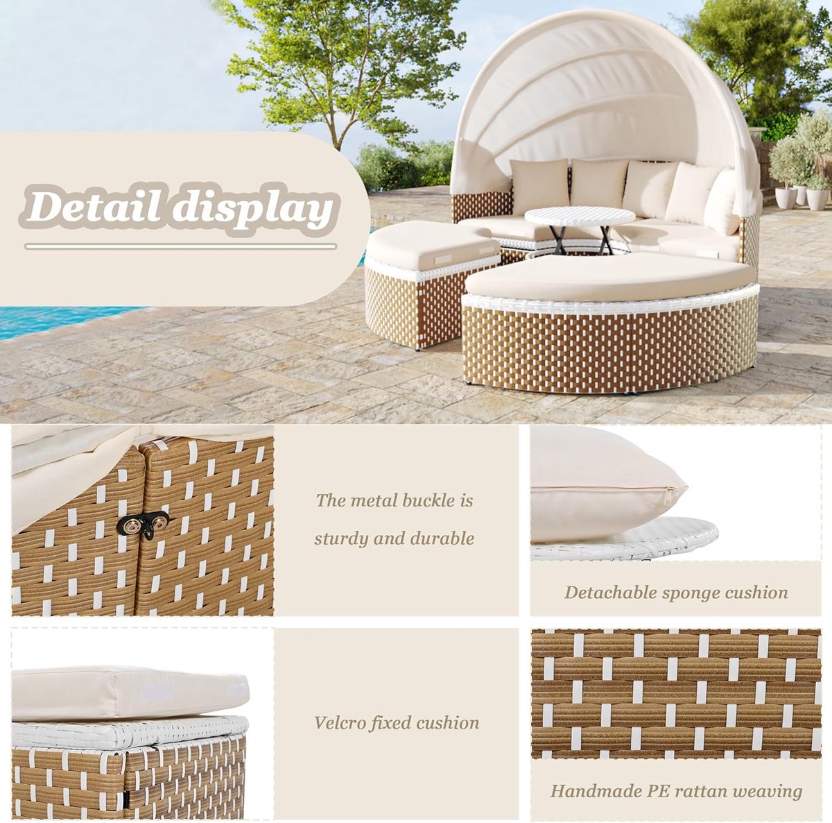 Sun eiland tuin loungeset 2-persoons – HomeByNicole luxe rotan outdoor daybed met verstelbaar zonnedak, inklapbare tafel en dikke waterdichte kussens – weerbestendig lounge ligbed voor tuin, terras en zwembad – beige