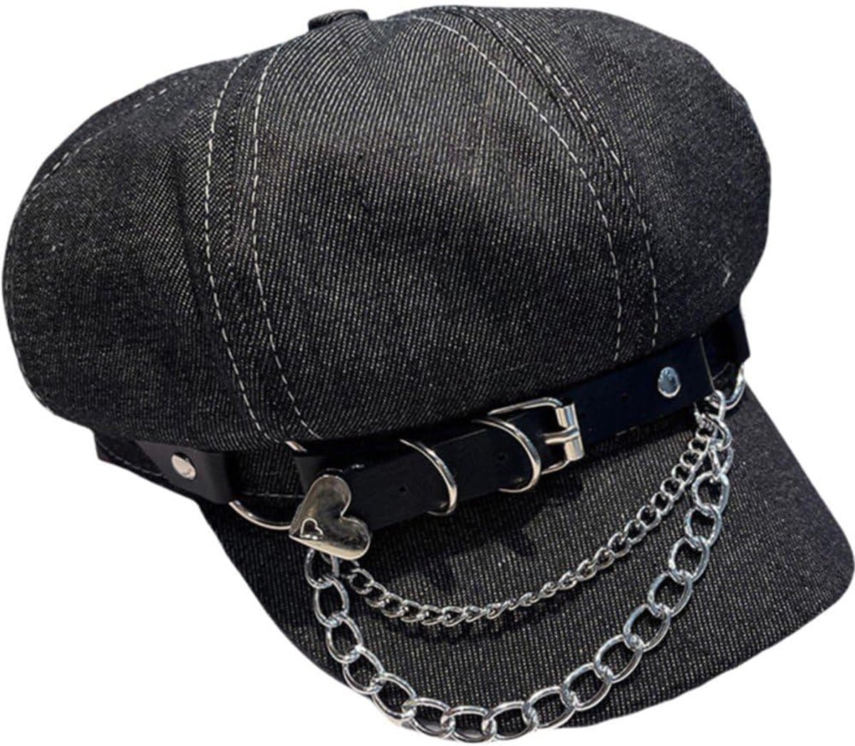 JeiibrZui Gothic Denim Baskenmuts Y2K Ketting Hart - 55-58 Cm - 1 Stuks - Vintage Punk Kunstenaar Hoed Voor Dagelijks Dragen En Feesten