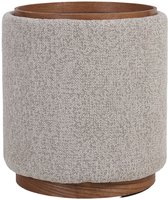 Ronde taupe bijzettafel met essenhouten accenten aan de boven- en onderkant.