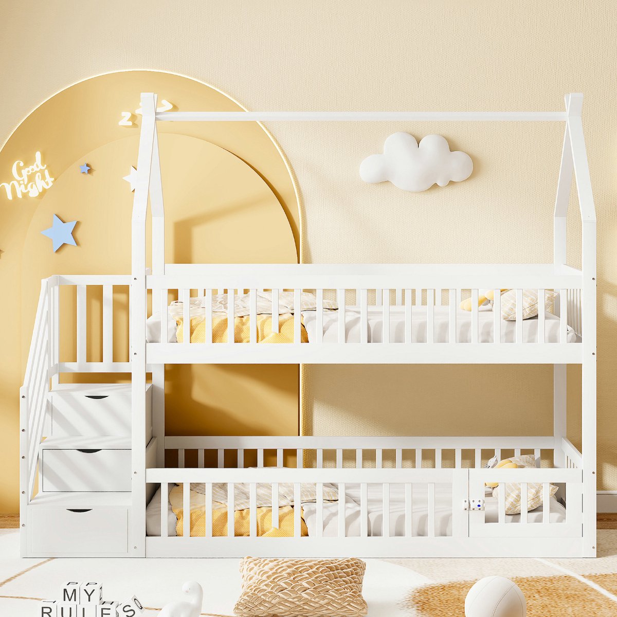 VVBV Kinderstapelbed Huisbed 90x200 cm met Voor Kinderen/Tieners, Huisdesign - Trap/Ladder, Lades - Massief Hout Wit