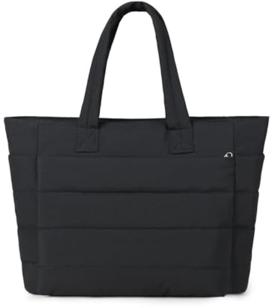 Sac fourre-tout noir matelassé avec poignées et poches latérales.