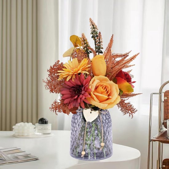 Kunstbloemen in Pot voor Tafeldecoratie in de Woonkamer - Kunstrozen en Chrysanten voor Vensterbank en Slaapkamer met Glazen Vaasje