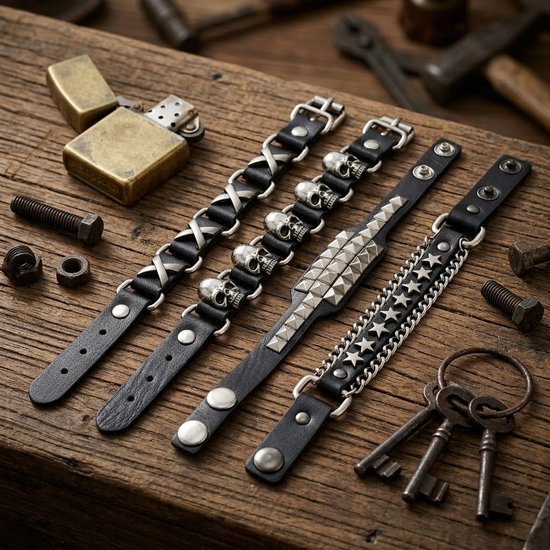 Vier zwarte PU leren armbanden met zilverkleurige details: een gekruist patroon, schedels, studs en sterren, liggend op een houten ondergrond met gereedschap.