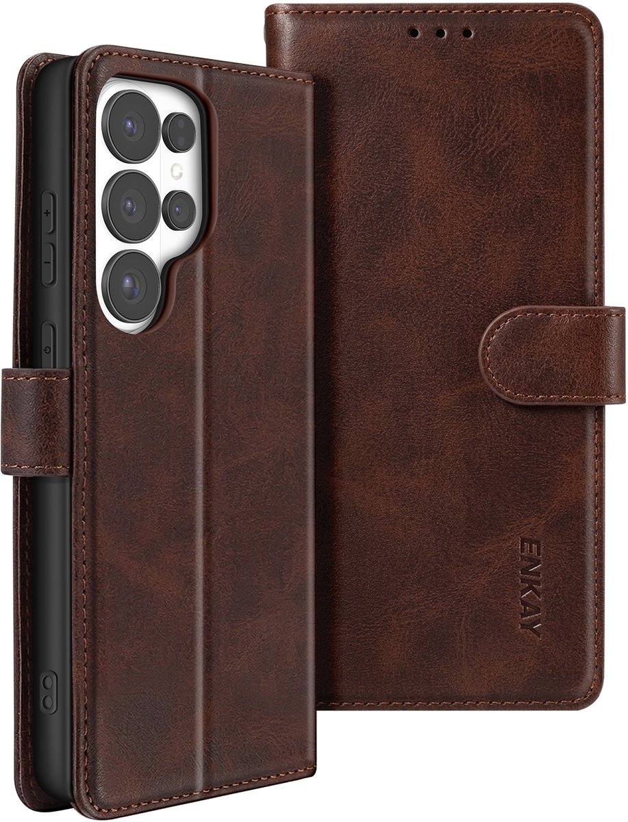 ENKAY, Portemonneehoesje Geschikt voor Samsung Galaxy S26 Ultra met Gehard Glas en Polsband, Bruin