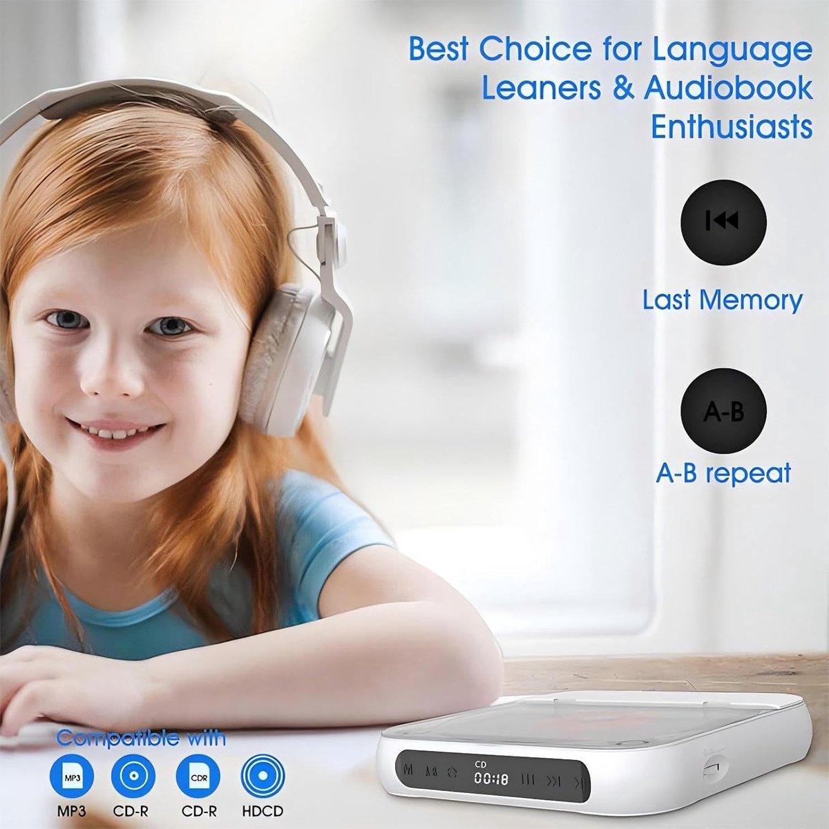 Bluetooth CD-speler - Draagbare CD-speler - Hi-Fi Geluidskwaliteit - 2000mAh Oplaadbare Batterij - 6 Uur Speeltijd - 2.4GHz Bluetooth - Met Anti-schok Technologie - Lichtgewicht 280g - Wit thumbnail 2